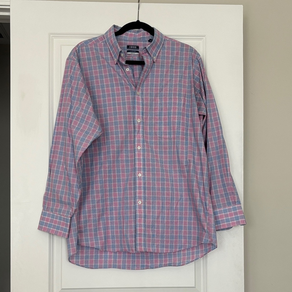 Izod Men's Casual Pink and Blue Checkered Shirt